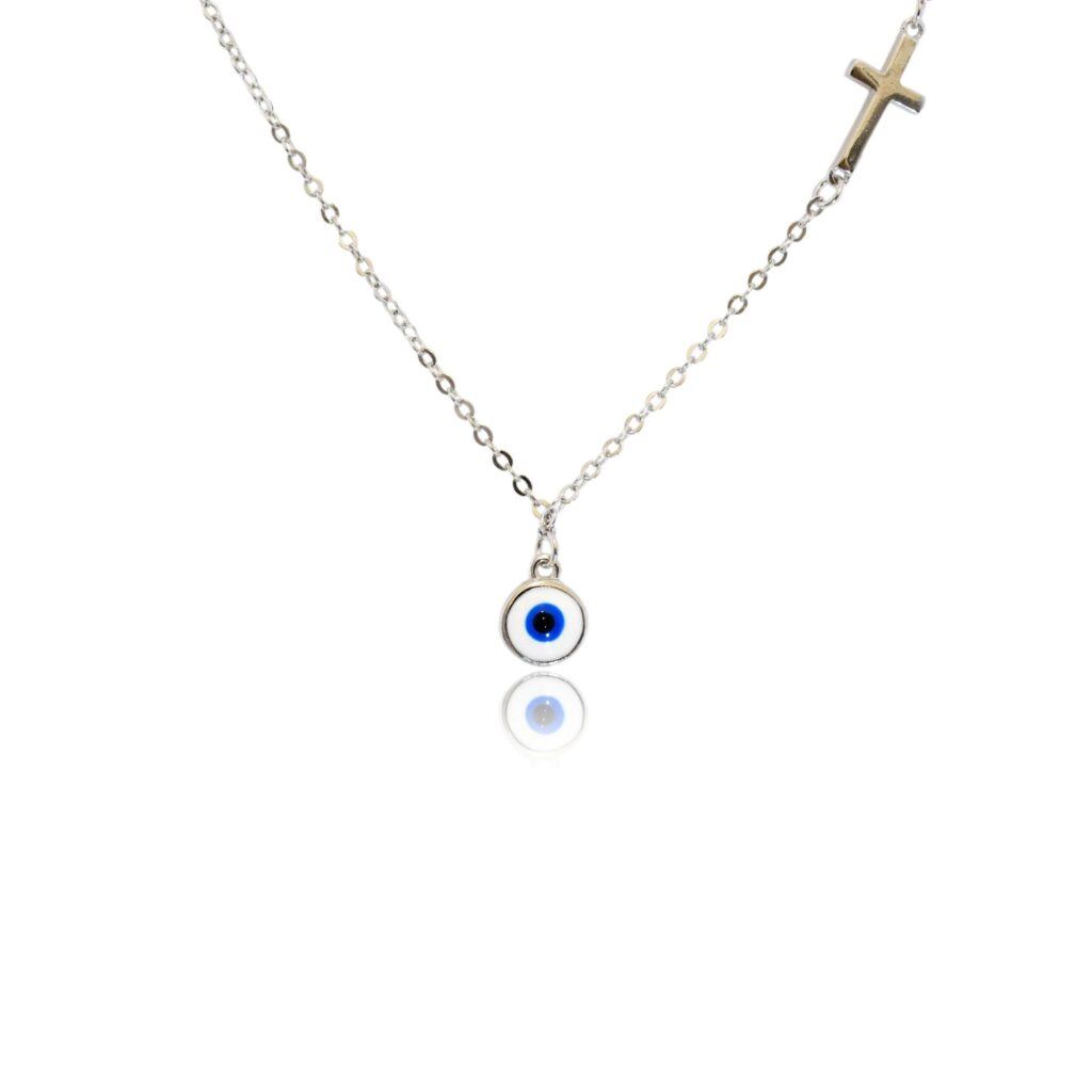 Greek Mati and Cross Silver Necklace