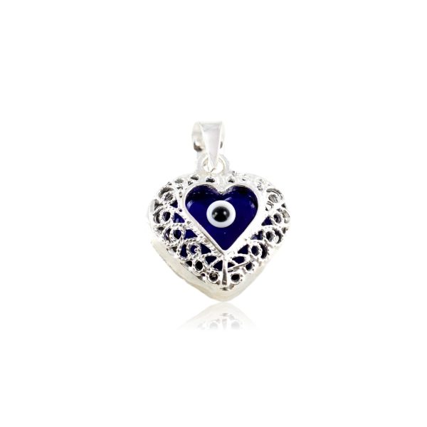 Filigree evil eye heart silver pendant